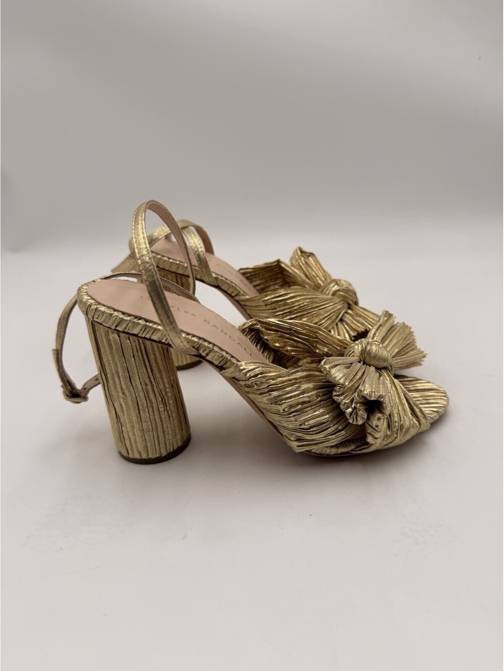 Loeffler Randall Camellia Gold Pleated Bow Heel Sandals size 6.5